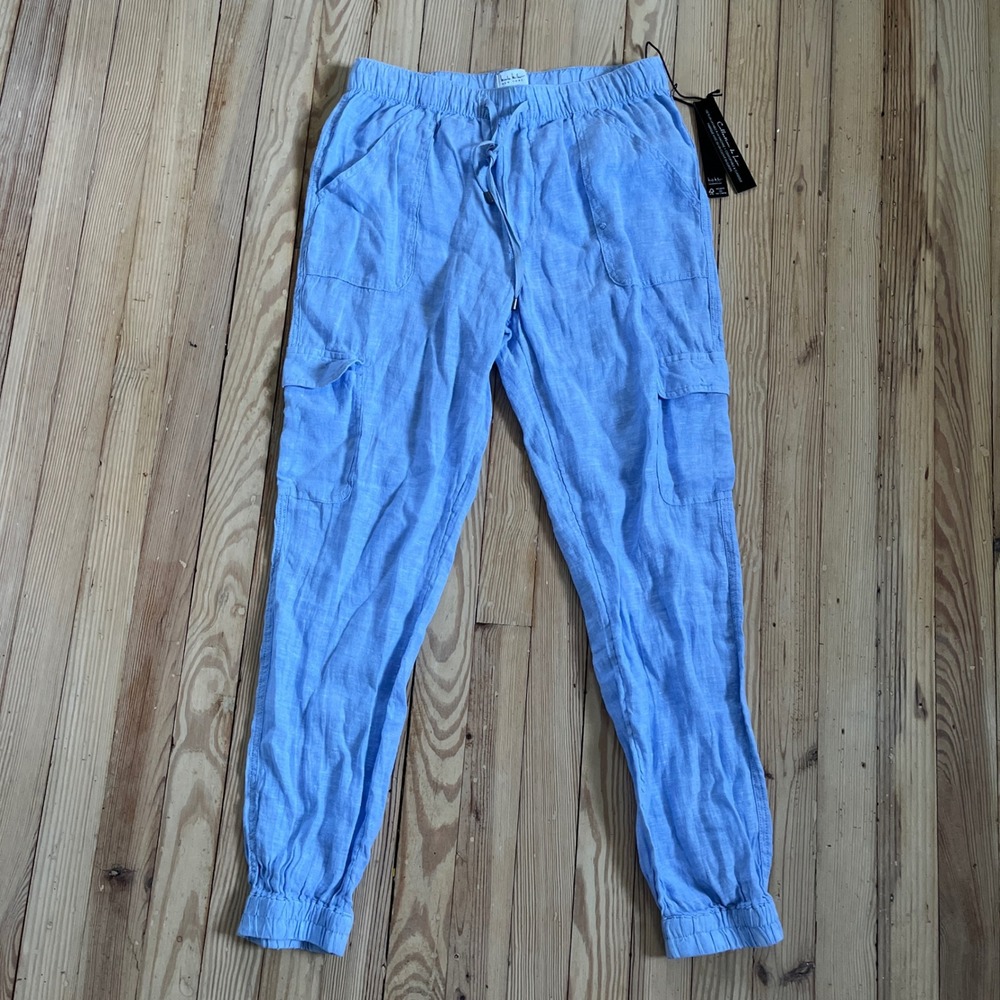 Nicole Miller Linen Cargo Joggers Womens Medium Blue Elastic Waist Utility Pants
